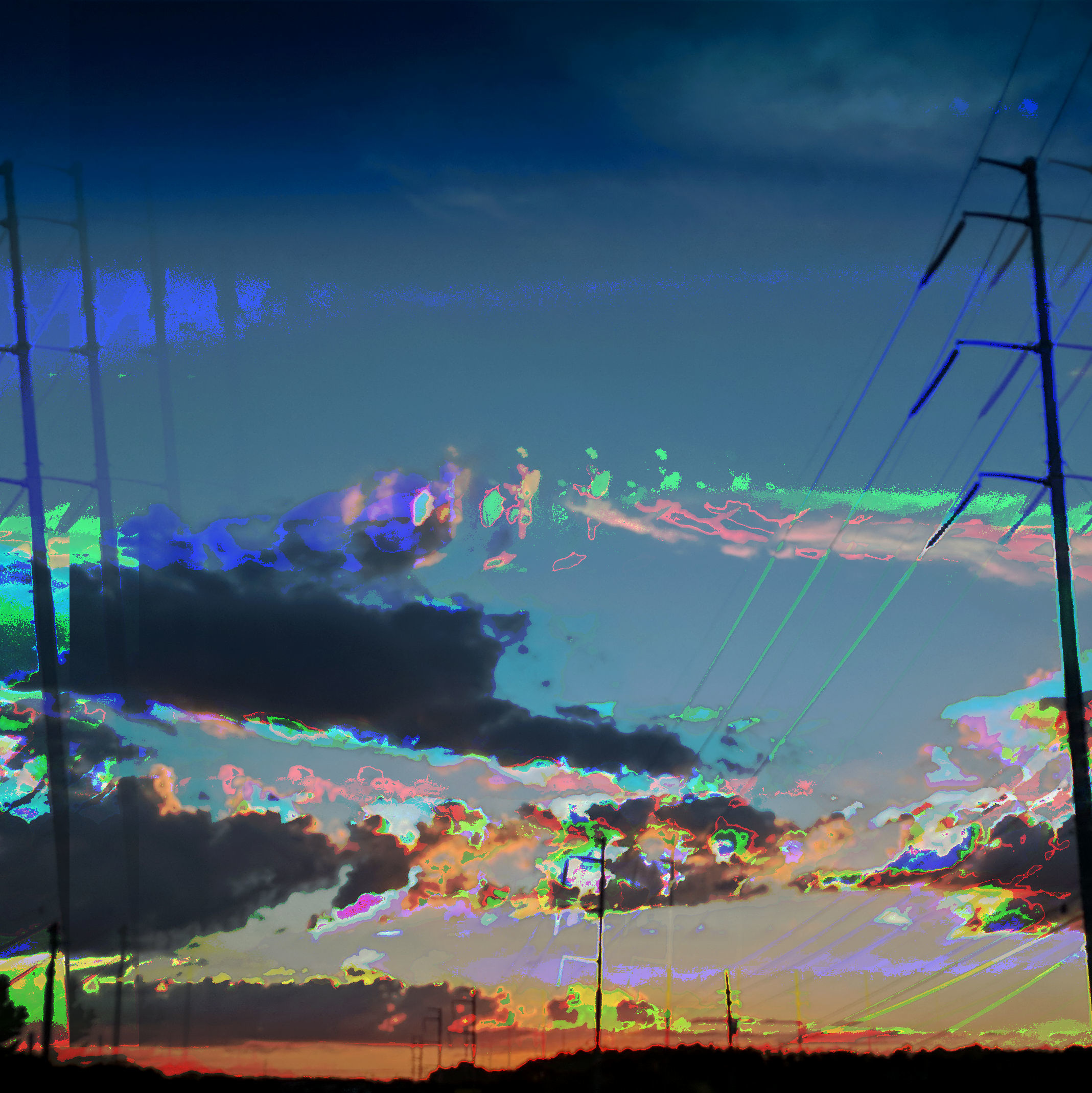 2 sets of powerlines are meeting the sunset in the horizon. A dark skyline of trees is visible. The extire image is distorted and covered in corrupted color