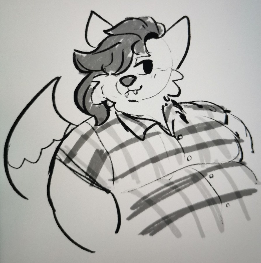 A monochrome bust shot of a very fat, slime fox lady. She's wearing a flannel.