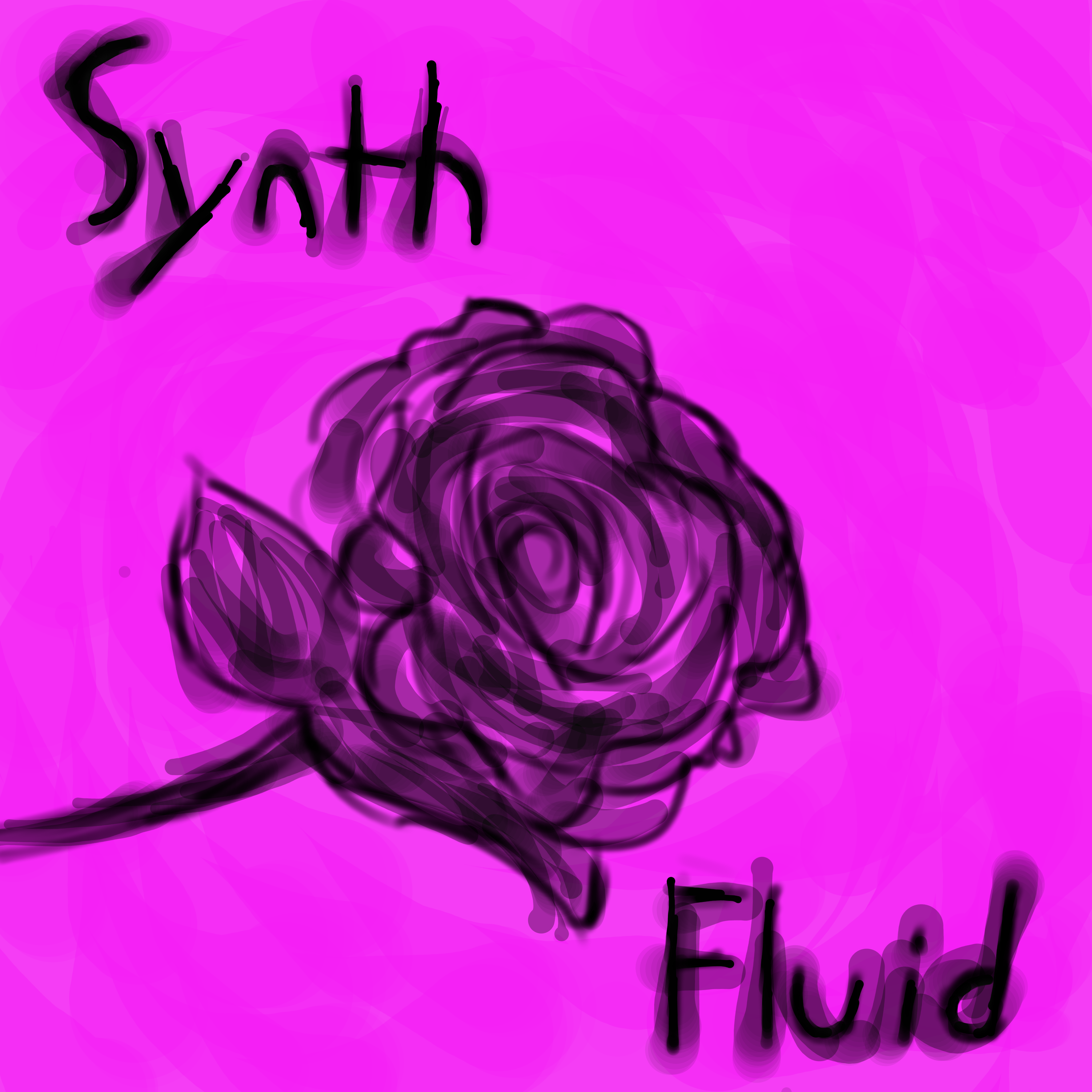 A digitally sketched and inked black rose, in between the text, "Synth Fluid." The background is a digitally pained pink.
